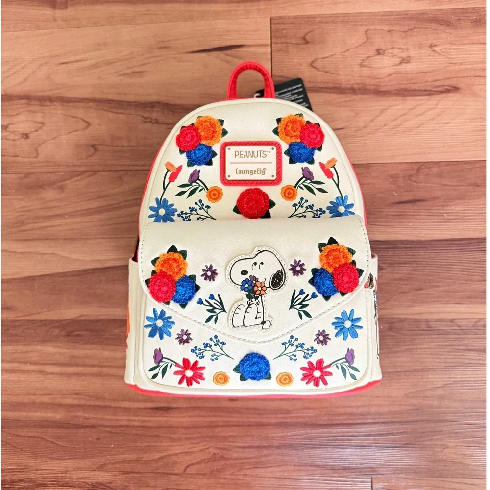 Loungefly‎ Peanuts Snoopy Floral Mini Backpack Cream Coral NWT